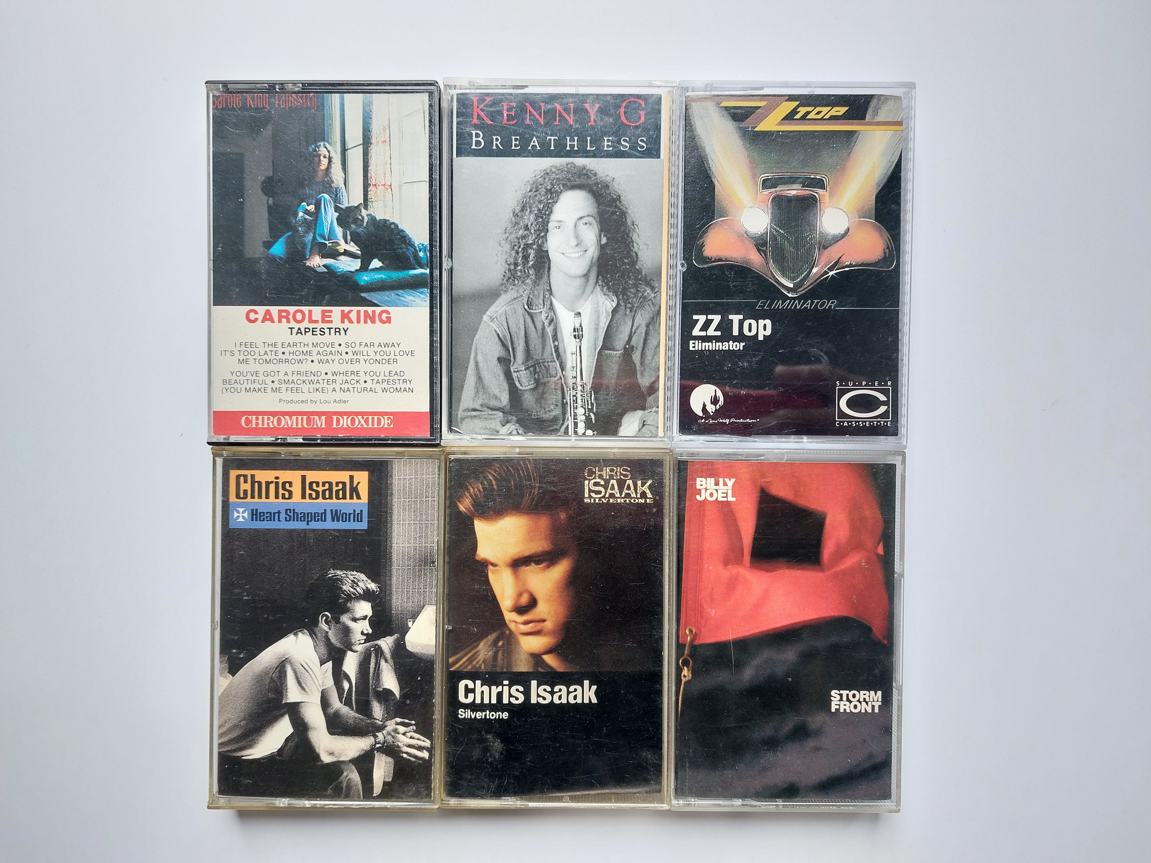 Carole King – Tapestry  Kenny G – Breathless  ZZ Top – Eliminator  Chris Isaak – Heart Shaped World  Chris Isaak – Silvertone  Billy Joel – Storm Front cassette tape