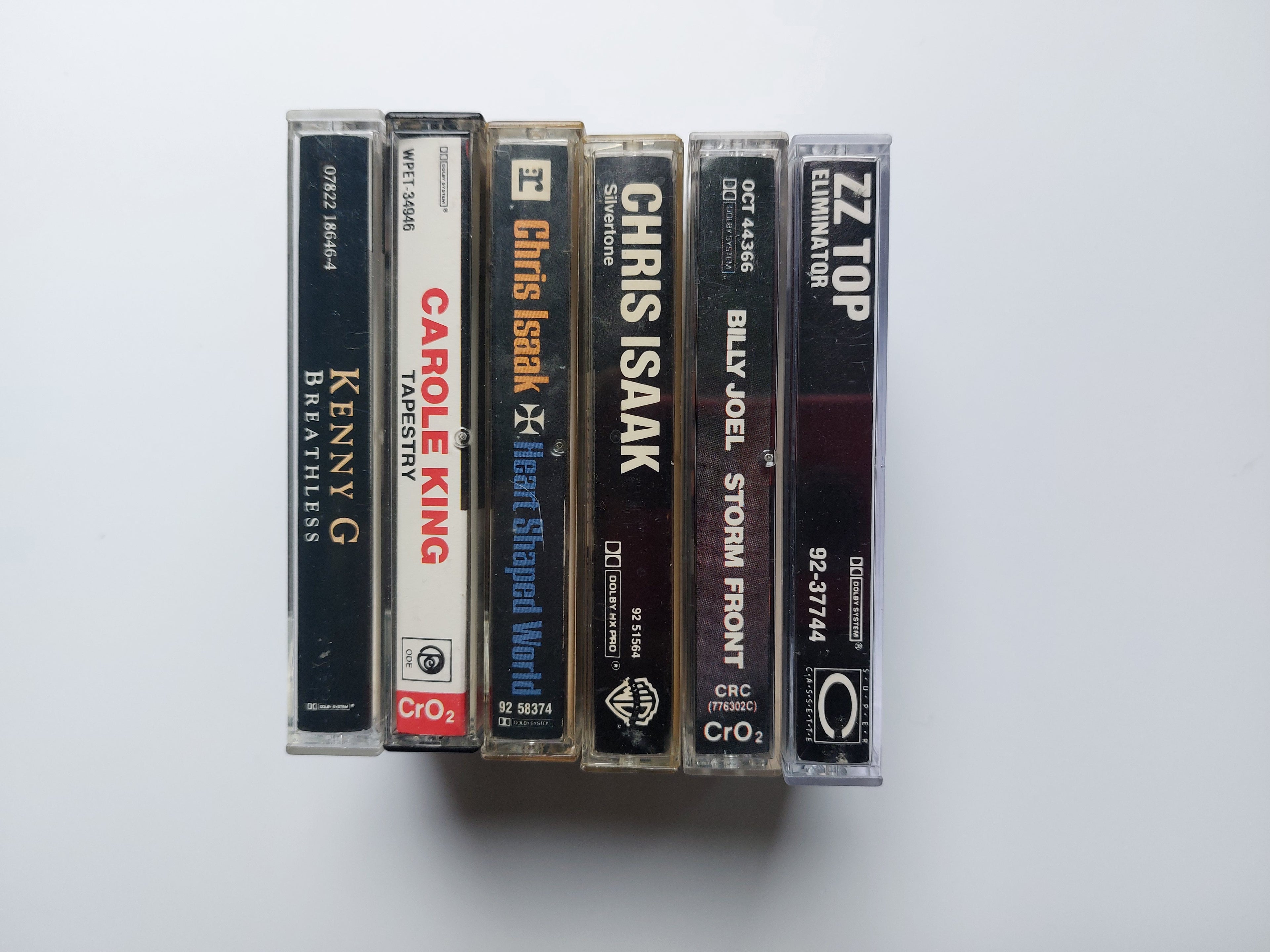 Carole King – Tapestry  Kenny G – Breathless  ZZ Top – Eliminator  Chris Isaak – Heart Shaped World  Chris Isaak – Silvertone  Billy Joel – Storm Front cassette tape