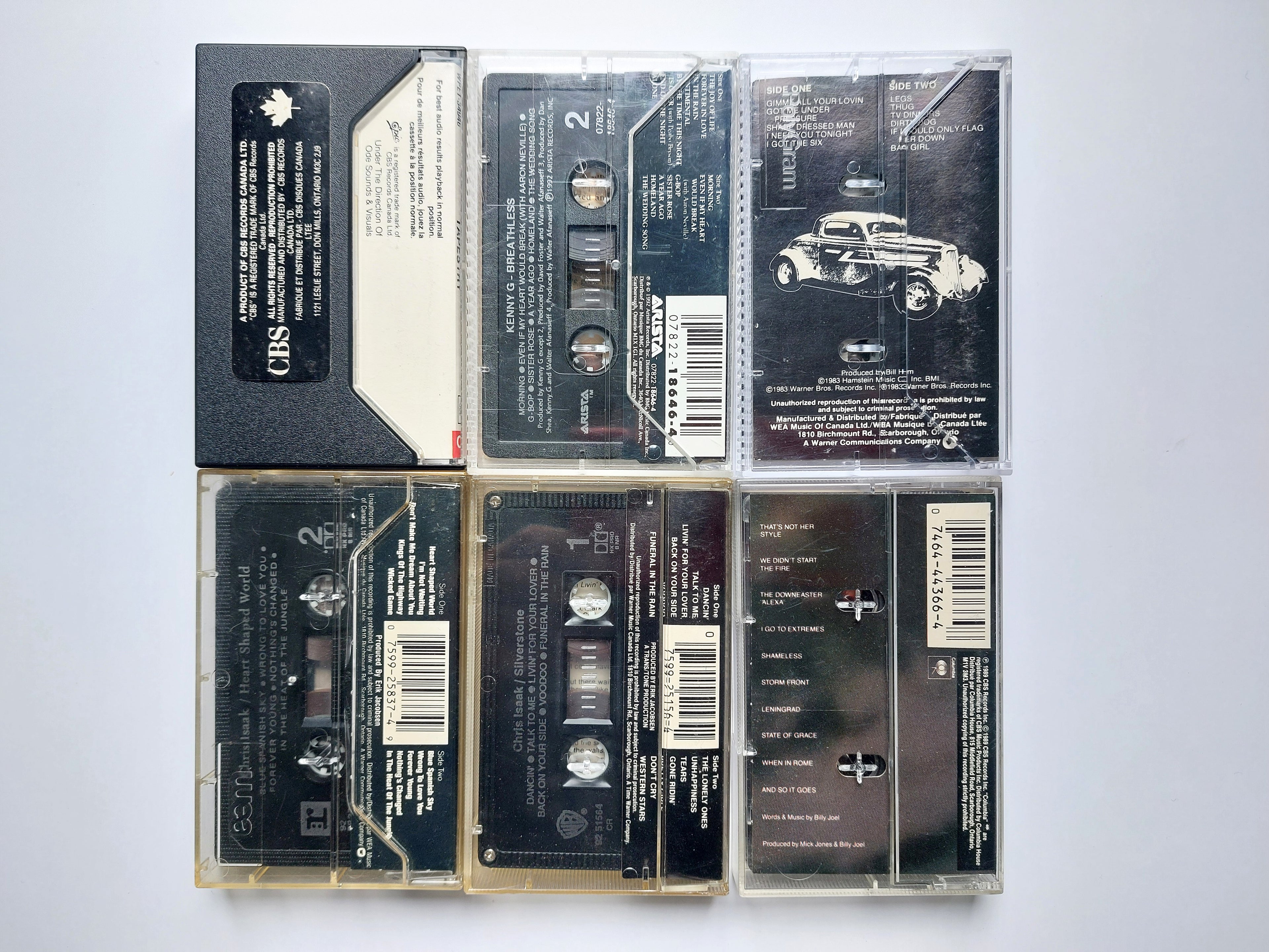 Carole King – Tapestry  Kenny G – Breathless  ZZ Top – Eliminator  Chris Isaak – Heart Shaped World  Chris Isaak – Silvertone  Billy Joel – Storm Front cassette tape